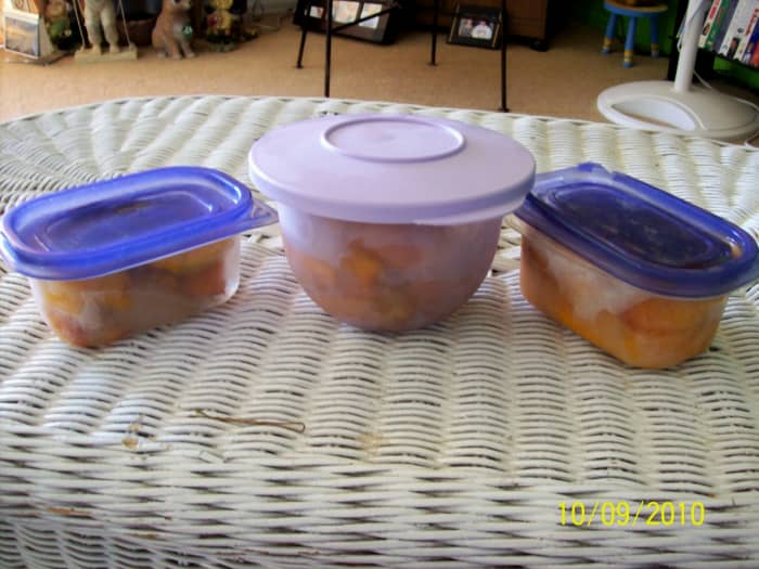 Slice your peaches into at least quarters (preferably smaller) and put on cookie tray. Put in freezer. Cut the next batch. When second group sliced, repeat. Put all frozen peaches in freezer bag. Repeat. I make pies with the fruit.