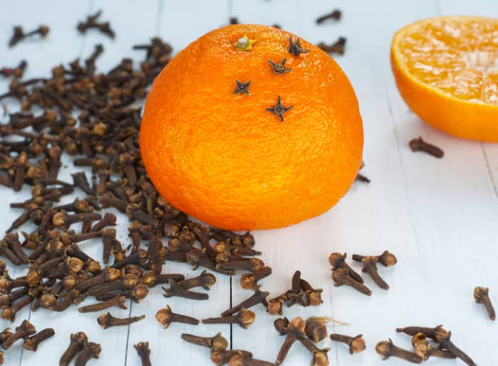 A simple orange, cloves, some spices, and a ribbon is all you need to make your very own moth repellant.