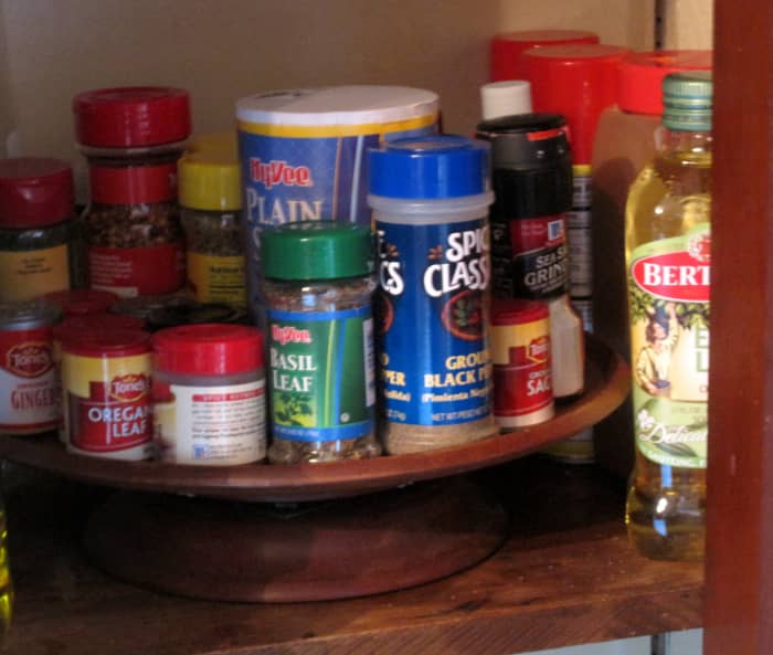 We use a little lazy Susan in our corner kitchen cupboard for our spices.