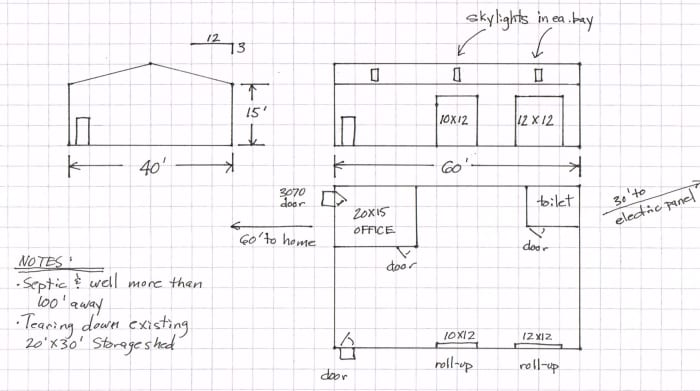 Use graph paper to make sketching easier. This building is scaled to one square = 5 feet. Include any notes you think are important in the same sheet.