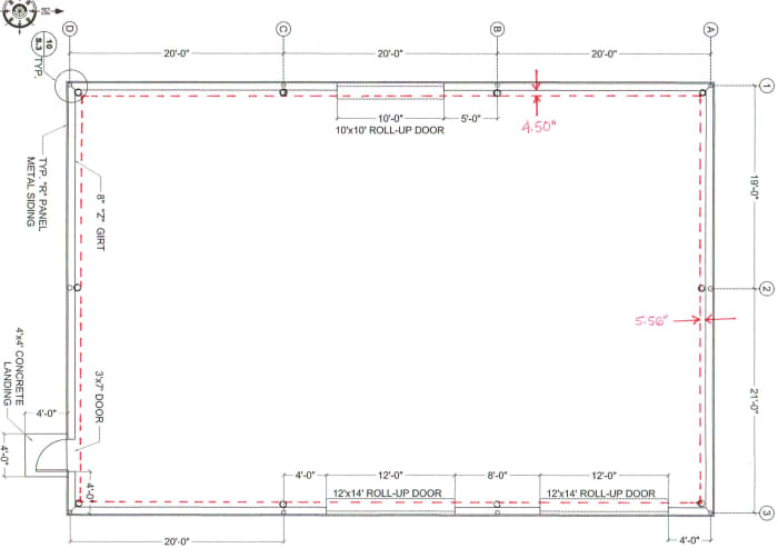 When columns are inset, there is a net loss of the area shown by the dashed red line. In a 40x60, this is 80 square feet, or 3.4% of the building.