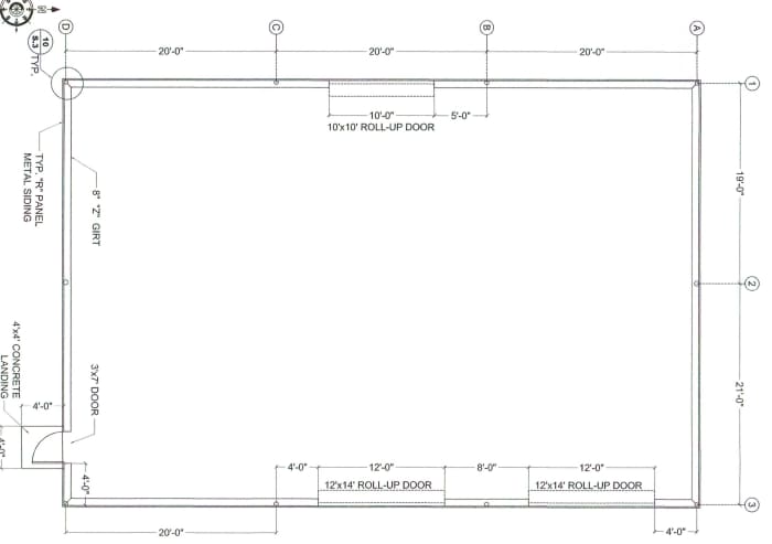 A scaled foundation plan. This shows 8" girts, and columns "in the wall". Most local contractors build this way. This layout provides 2,333 square feet of unrestricted area.