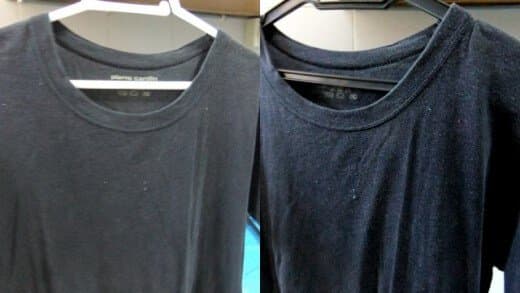 내 오래 된 머 금고 검은 티 셔츠 사용 된 차 잎 처리 주어진:전(왼쪽)과 후(오른쪽)치료
