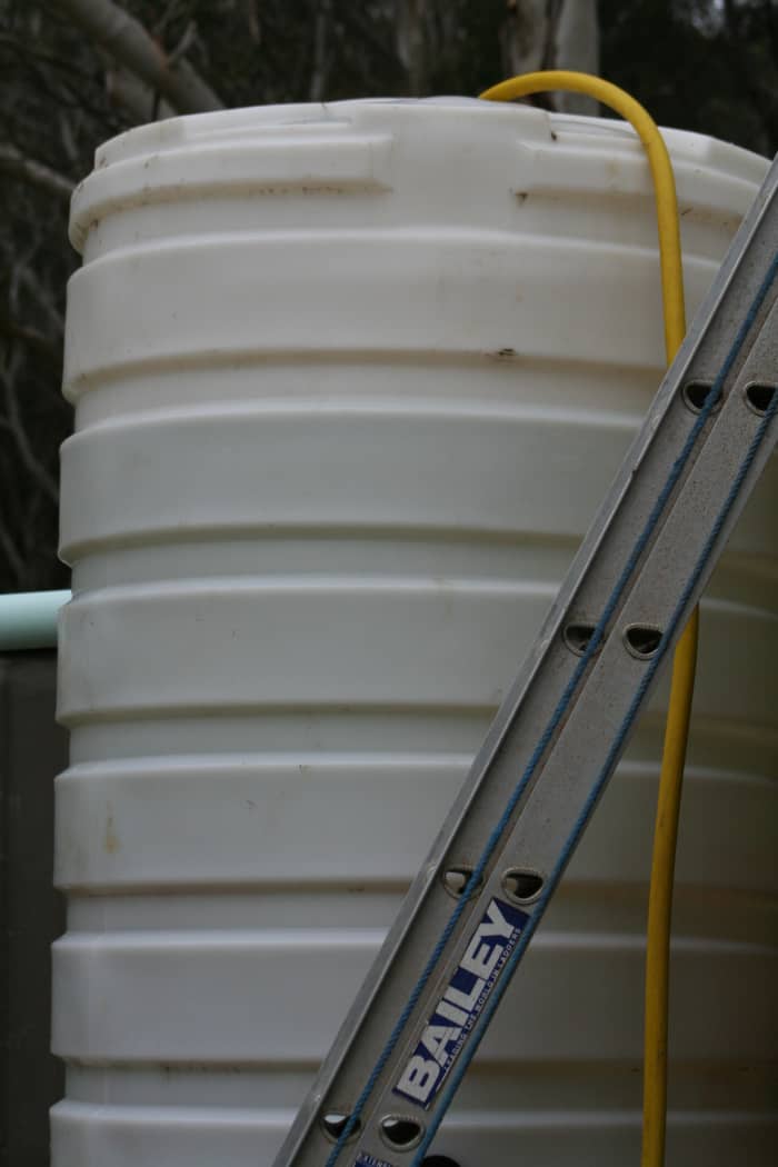 Water transfer pump helps fill a plastic tank we use to gravity-feed into our toilet cistern. Raised high on concrete blocks (above the height of the toilet inside) it needs a ladder to reach the top. Pipe in b/g runs from house roof to main tank.