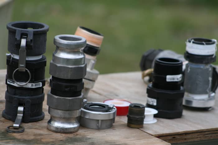 Because we harvest rainwater to meet all the needs of our off-grid life, we keep a range of plumbing connections. The bigger ones are for firefighting.