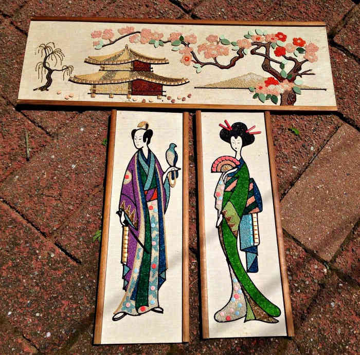 Three-piece vintage Asian gravel art set, mid-century modern. The large one measures 36" x 12.5. The smaller one measures 24" x 8.5.