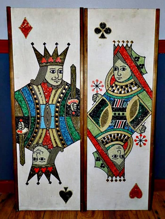 Pair of late 1950s or early 1960s king and queen playing cards gravel wall art. They are 12 1/2 inches wide and 36 inches high.