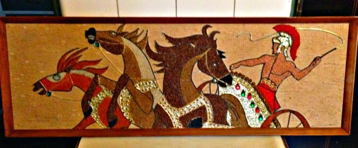 Beautiful 1950s gravel gladiator with three horses and a large Greek or Roman helmet. Good vintage condition, 13 inches tall, 37 inches wide, and 2 inches deep. A true Ben Hur beauty to behold.