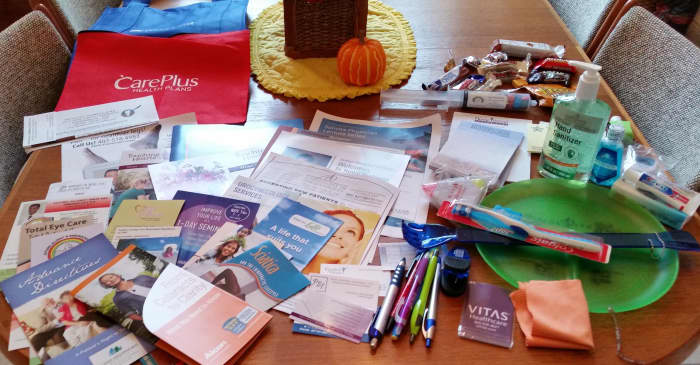 Be careful about adding more STUFF to your home. This is the accumulation of one visit to a health fair. How much will get used and how much will end up as clutter?