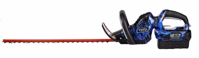 The Zombi ZHT5817 is a strong, lightweight, and durable trimmer that runs off a 58 volt lithium battery. The rotating handle lets you use it vertically to trim tall hedges and get a straight cut without too much effort.