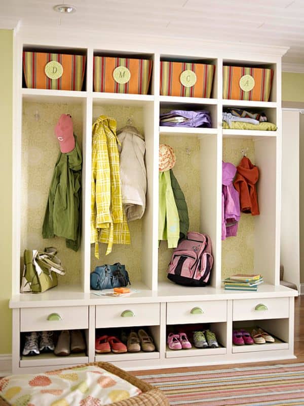 An entryway or mudroom with storage cubbies and hooks for coats and items is ideal practical organization.