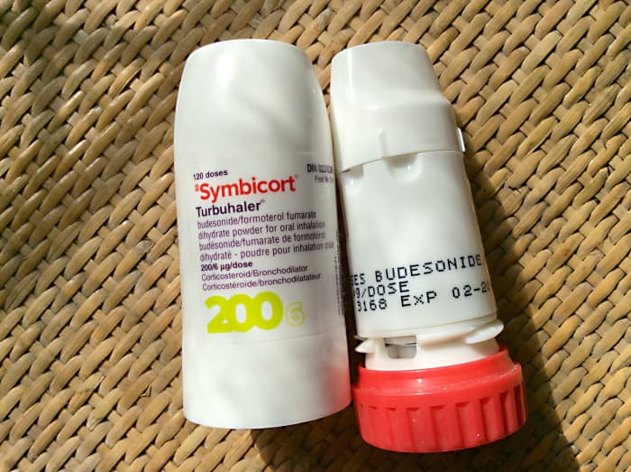 An asthma inhaler containing budesonide, a corticosteroid medication that suppresses inflammation in the airways