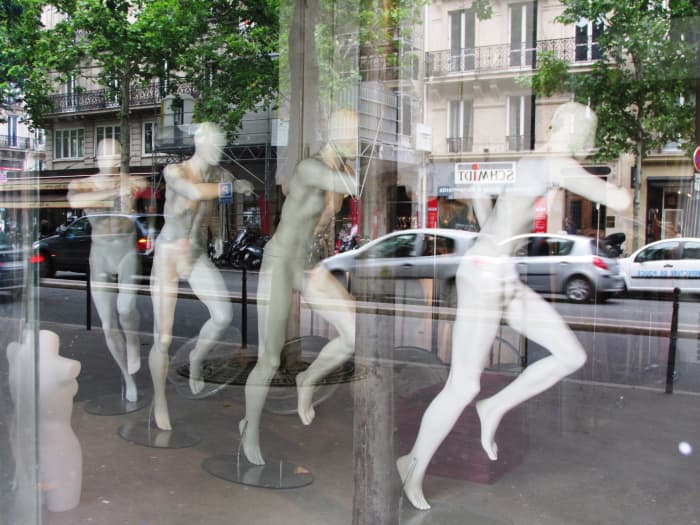 Did I catch them in the middle of naked mannequin aerobics? Is there a message to these mannequin displays? Or, does the window designer just have an offbeat sense of humor?