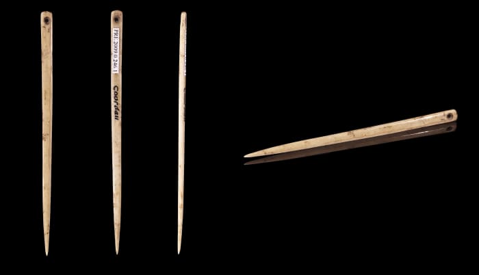A flat bone sewing needle from the Upper Paleolithic period