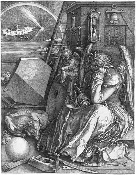 Melancholia I, by Albrect Durer in 1514. A bat proclaims melancholy for a woman that has the tools for amassing power and money, but does not use them, perhaps preferring art.