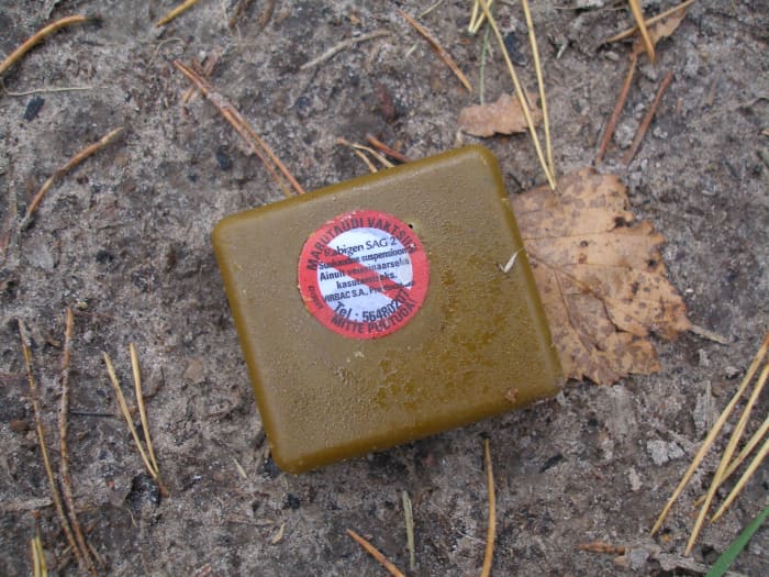 Oral rabies vaccine is often dropped into wildlife areas. This bait is located in a wildlife preserve in Estonia.