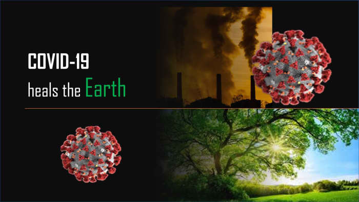 Collage of the transformation of a polluted atmosphere to a greener environment through COVID-19 precautionary measure.