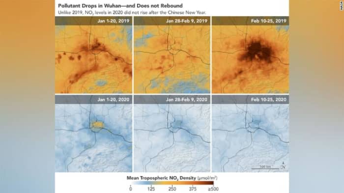 NASA and European Space Agency pollution monitoring satellites show the decrease of nitrogen dioxide over China.