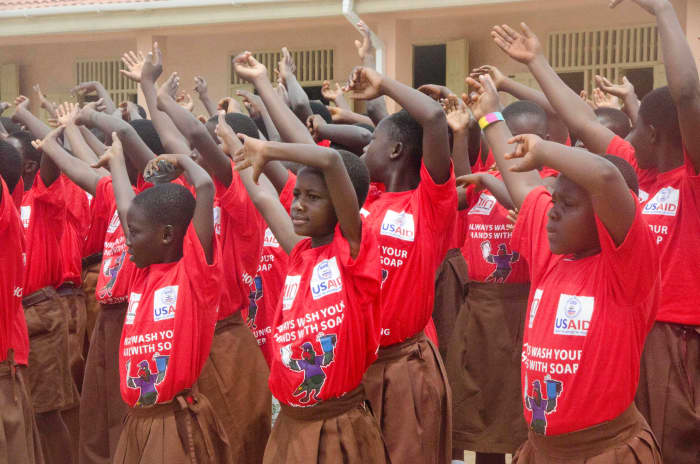 Children celebrate Handwashing Day in Lekma South Cluster of Schools, where USAID has built school bathrooms and handwashing stations to prevent disease spread. (USAID/A. Kauffeld)