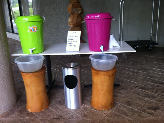 Handwashing station at the Radisson Blu hotel in Freetown. CDC Global / CC BY (https://creativecommons.org/licenses/by/2.0)