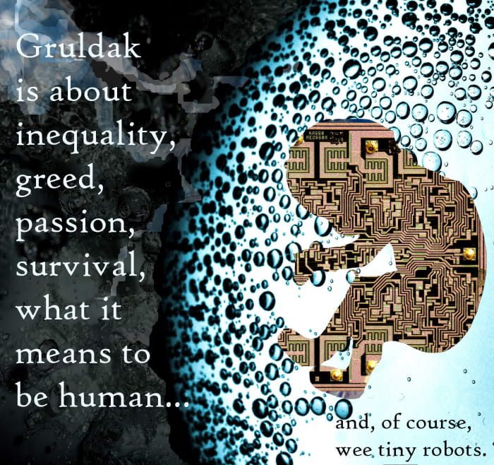 Circuit-board fetus floating in a blue water bubble in space, illustration for Gift of the Gruldak, a serialized science fiction novel you can read free online