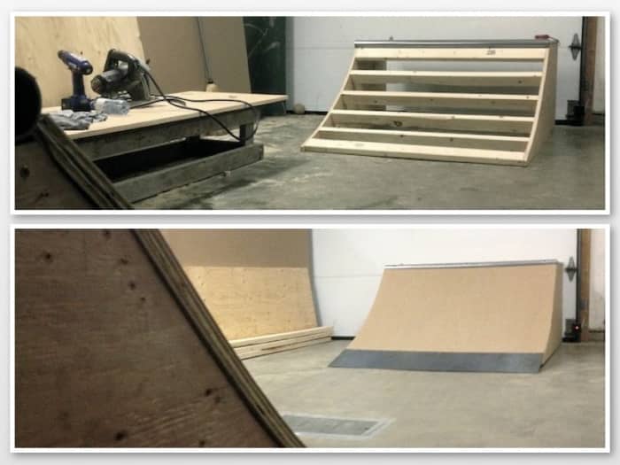 A micro ramp consists of two micro quarter pipes, 2 feet high by 4 feet wide, facing each other inside a garage or basement.