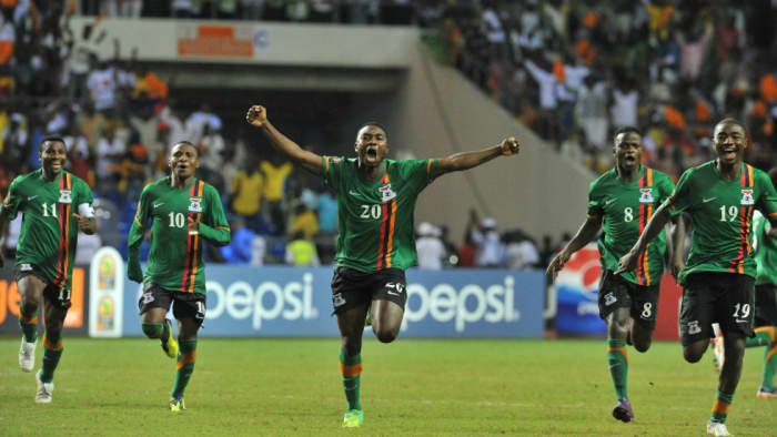 From left to right: Christopher Katongo, Felix Katongo, Emmanuel Mayuka, Isaac Chansa and Nathan Sinkala celebrate following Zambia's victory at the 2012 Africa Cup of Nations in Libreville, Gabon.