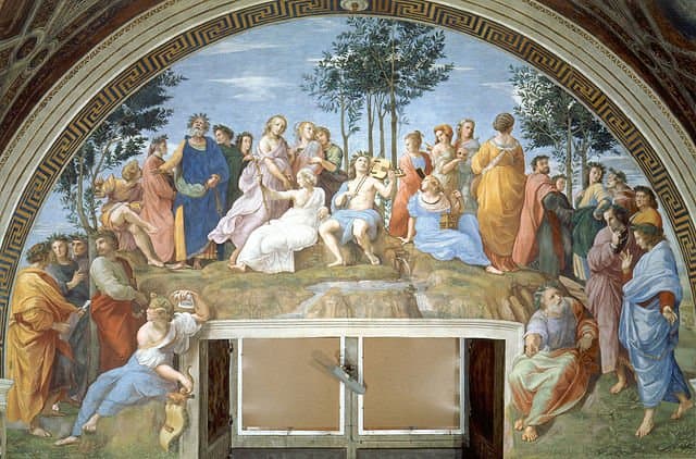 The Parnassus painting displays the Muses and Apollo flanked by poets. It was painted by Raphael in 1511.