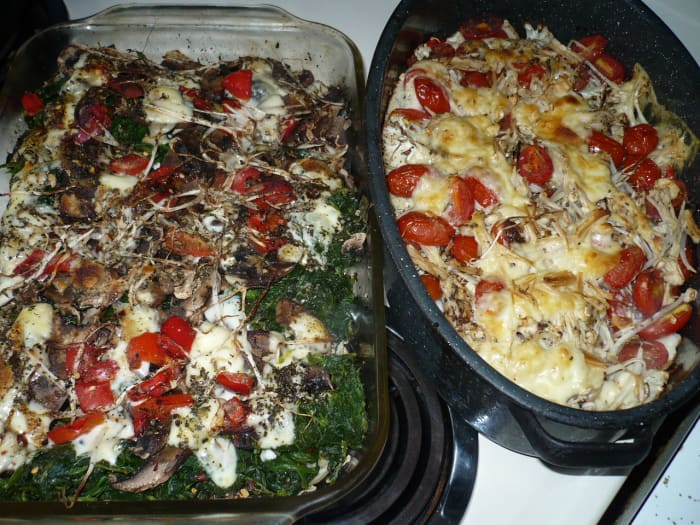 Vegetable Lasagna is an Easy fun recipe that is Gluten free. The one to the right of the photo is the leftover ingredients that didn't fit into the other one. It is missing swiss chard and spinach . I always cook everything and waste nothing.