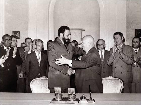 Cuban Leader Fidel Castro and Soviet Leader Nikita Khrushchev in Cuba, circa 1961.
