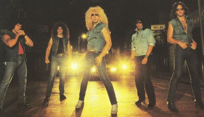 The classic Twisted Sister lineup, L-R: A.J. Pero (dr), Mark "The Animal" Mendoza (bass), Dee Snider (vox), Eddie Ojeda (gtr), Jay Jay French (gtr)