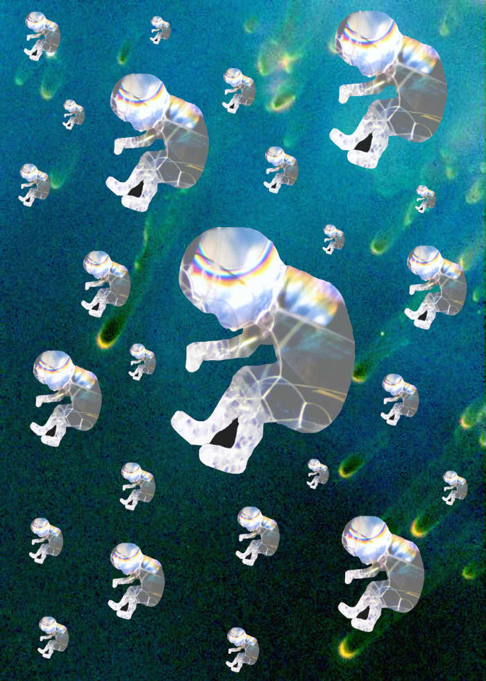 Soap bubble fetuses falling from a meteor-streaked sky, an illustration for Gift of the Gruldak, a serialized science fiction novel.