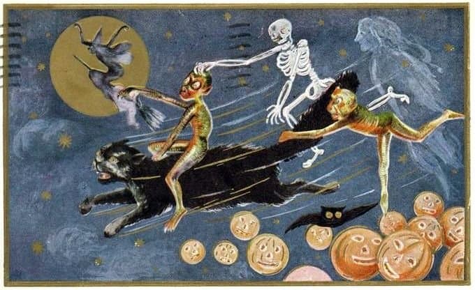 A vintage Halloween postcard of familiar and other sinister spirits riding with the witch