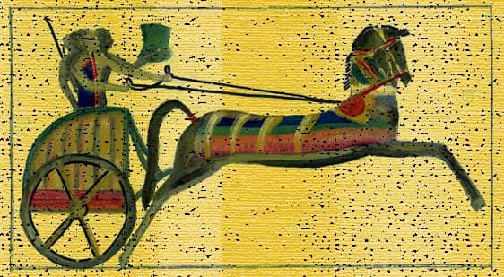 The Hittites, descendants of the Indo-Aryans, are credited with the invention of the horse drawn chariot.