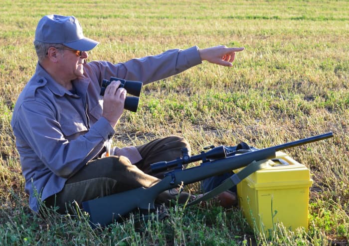 Ed Palumbo scans an alfalfa field with binoculars for ground squirrels and jackrabbits.
