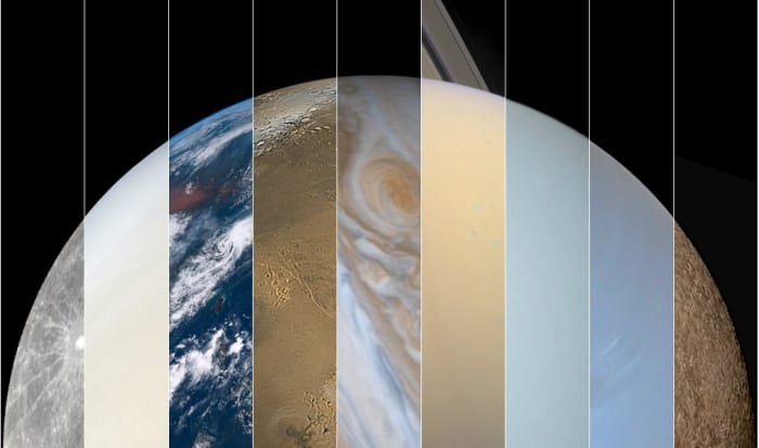 True-color solar system collage: Mercury, Venus, Earth, Mars, Jupiter, Saturn, Uranus, Neptune, Pluto. (Wish I could add Ceres and Eris, but we don't yet have hi-res color photos of them.)