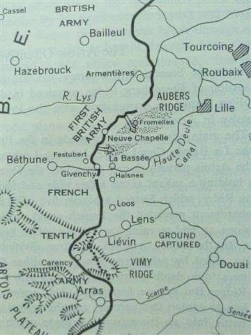 Map shows planned pincer attack by British 1st Army May 9th, 1915. German salient can also be seen near Vimy Ridge.