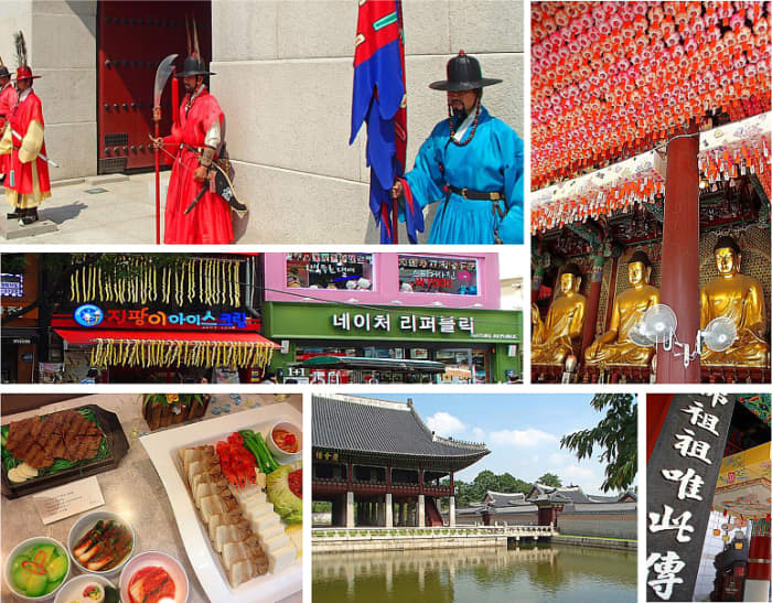 Clockwise from top left: Royal guard at Gyeongbokgung Palace, Jogyesa Temple, One Pillar Gate, Gyeonghoeru lake pavilion, Korean cuisine, Insadong Street storefronts