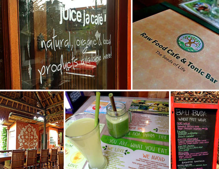 Clock-wise from top left: Juice Ja Café, Seeds Of Life, Bali Buda, Alchemy, Yoga Barn Garden Kafe.
