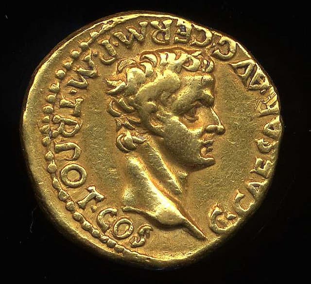 A golden coin depicting Caligula