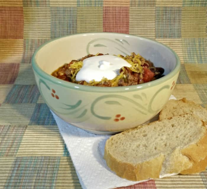 Don't let the cheese and sour cream fool you ... this chili has plenty of zing. A couple slices of crusty italian bread and a side salad make a complete and hearty meal.