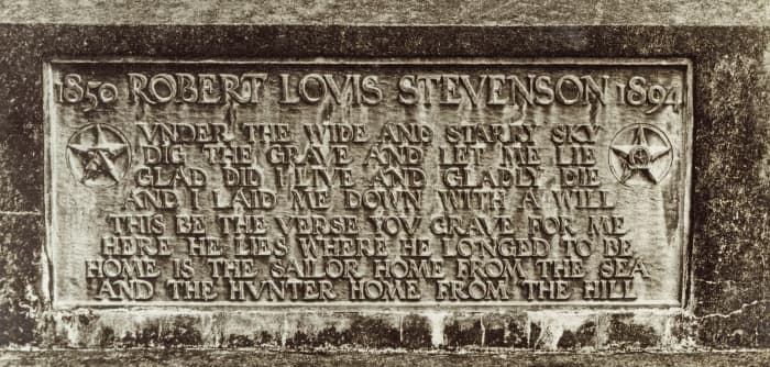 The tombstone atop Stevenson’s mountain grave bears as an epitaph his poem ‘Requiem.’ Chronicle / Alamy