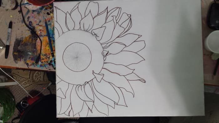 Here is the painting before the base coat is applied. You can see my flower outline is dark. I always outline my designs with sharpie. It helps me to see my lines even when I apply a basecoat.
