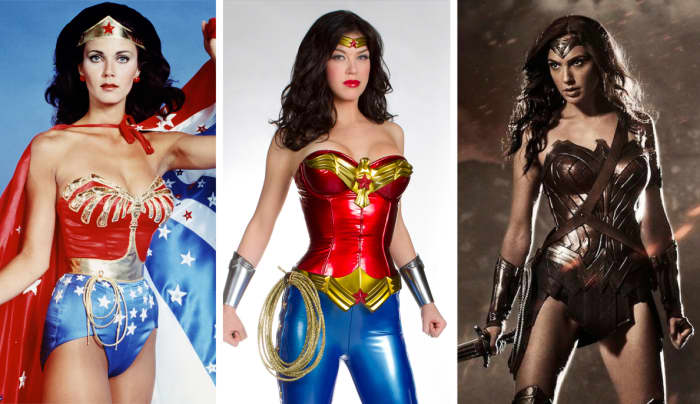Lynda Carter 1975 (left), Adrianne Palicki 2011 (center), Gal Godot 2017 (right). Wonder Woman is the property of DC Entertainment. All rights reserved.