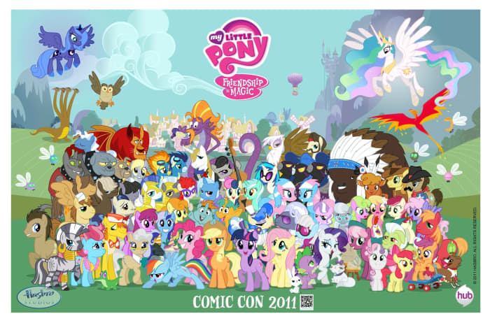 A group shot of Earth Ponies, Unicorns, Pegasi, and Alicorns from the first season of My Little Pony: Friendship is Magic. And some other creatures.