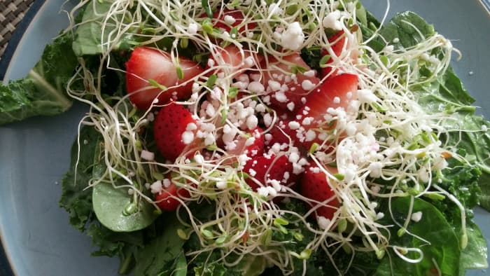 Enjoy your favorite salad topped with sprinkles of cheesy Nutritional Yeast. Yummy and very healthy. The salad pictured above is a Spinach Strawberry Salad sprinkled with Nutritional Yeast.
