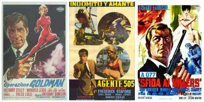 L-R: posters for "Operazione Goldman" aka "Lightning Bolt," "Agent 505: Death Trap Beirut," and "Killers Are Challenged" aka "Mission Casablanca"