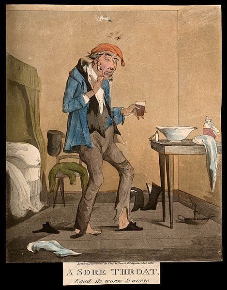 An ill man taking a gargling mixture for a sore throat. Coloured aquatint, 1827.