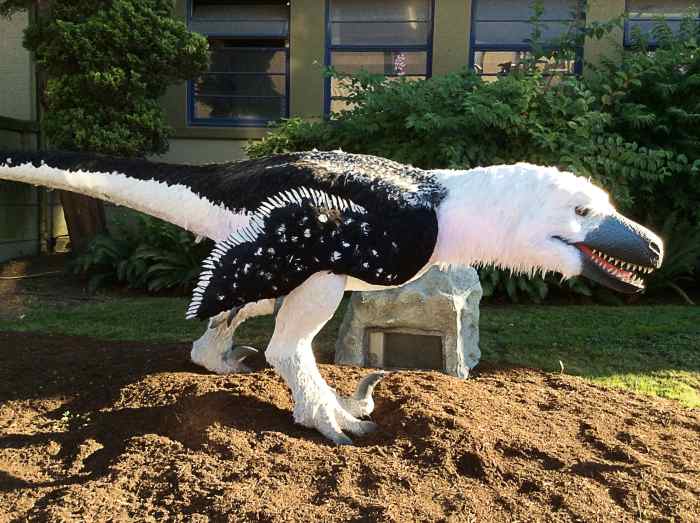 The body form, feathers, and curved claws of this Dakotaraptor are based on our current knowledge. We don't know the colour of the animal, however.