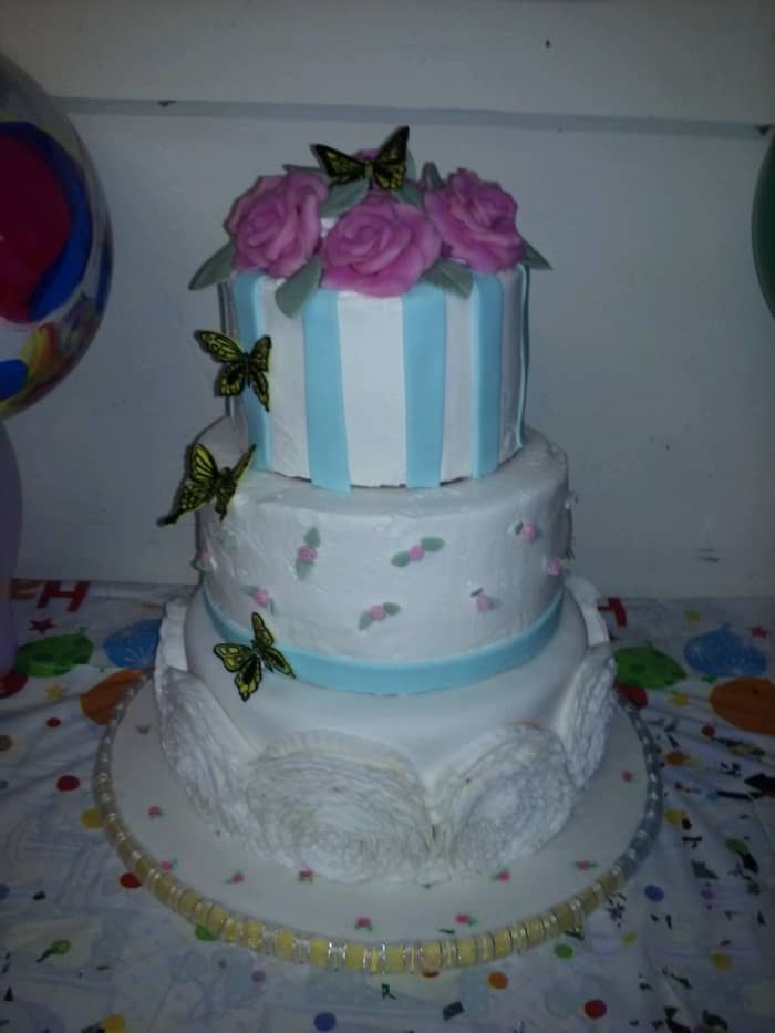 All tiers of this cake were previously frozen, thawed, and decorated on the day they were due. It tasted incredible, exactly as good as fresh cake.